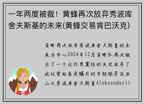 一年两度被裁！黄蜂再次放弃秀波库舍夫斯基的未来(黄蜂交易肯巴沃克)